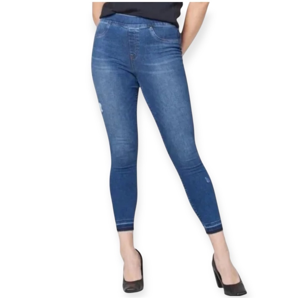 SPANX Medium Wash Distressed Pull-On Raw Hem Denim Leggings - Picture 2 of 14